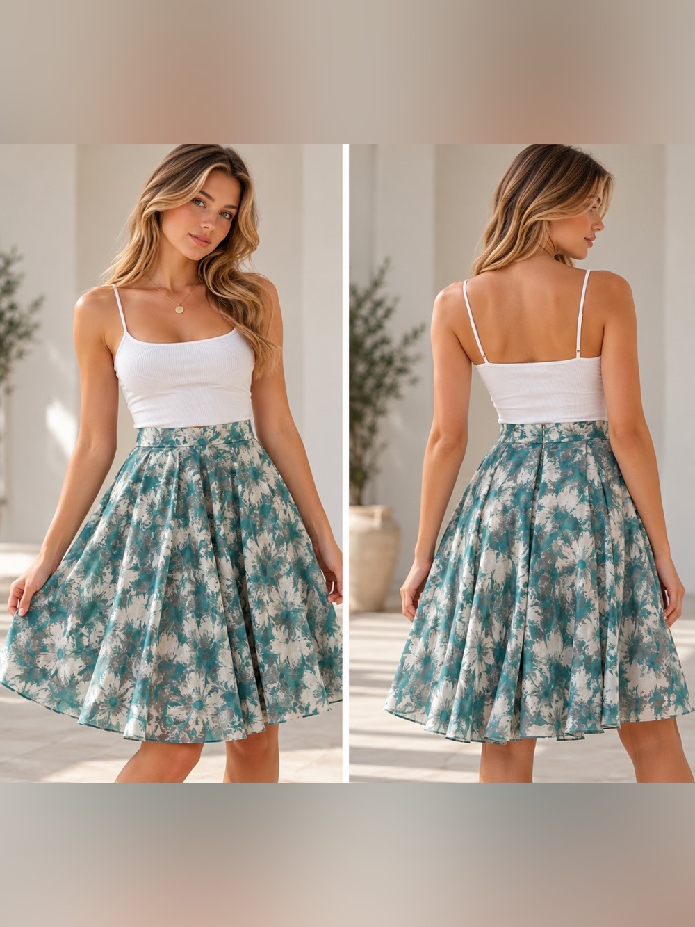 Floral A-Line Midi Skirt in Teal and Cream